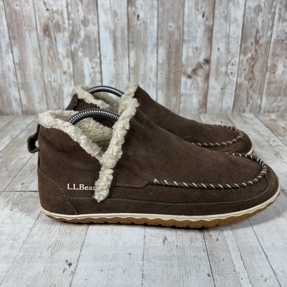 LL Bean Wicked Good Suede Slipper Booties Brown Faux Shearling Womens 8 M 510523